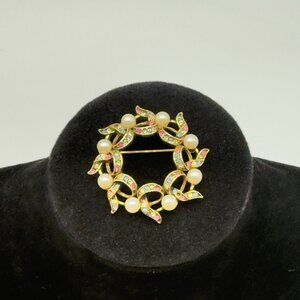 Vintage Gold Tone Faux Pearl Colorful Rhinestone Circle Wreath Brooch Pin